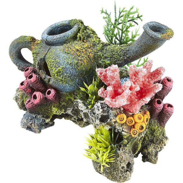 Akvariedekorasjon Tekanne med koraller og planter 14.5x11x11cm