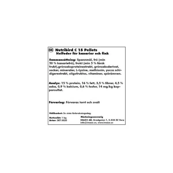 Nutribird C15 Pellets For Kanarie Og Fink 1Kg