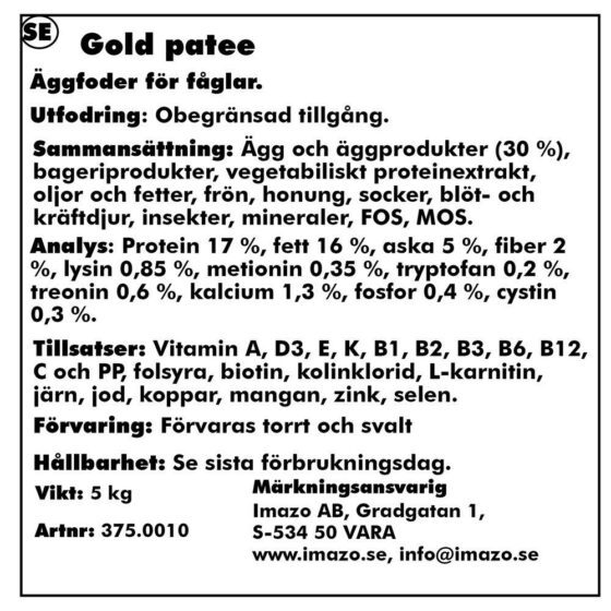 Patee prestige gold Bruksklar eggemat Undulat-små parakitter 5kg